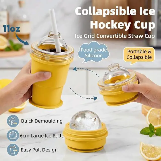Alt view image 2 of 7 - 2-in-1 Collapsible Silicone Ice Ball Maker Cup, Reusable Portable Large Ice Sphere Mold with Straw & Lid, Easy to Demo, Leakproof Travel Ice Cube Cup for Bourbon,Cocktails,Juice,Tea & Coffee (Yellow)