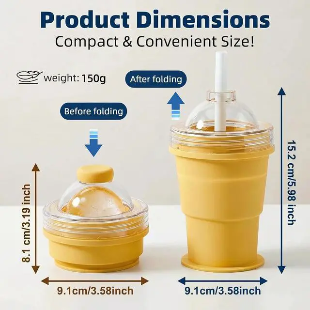 Alt view image 3 of 7 - 2-in-1 Collapsible Silicone Ice Ball Maker Cup, Reusable Portable Large Ice Sphere Mold with Straw & Lid, Easy to Demo, Leakproof Travel Ice Cube Cup for Bourbon,Cocktails,Juice,Tea & Coffee (Yellow)