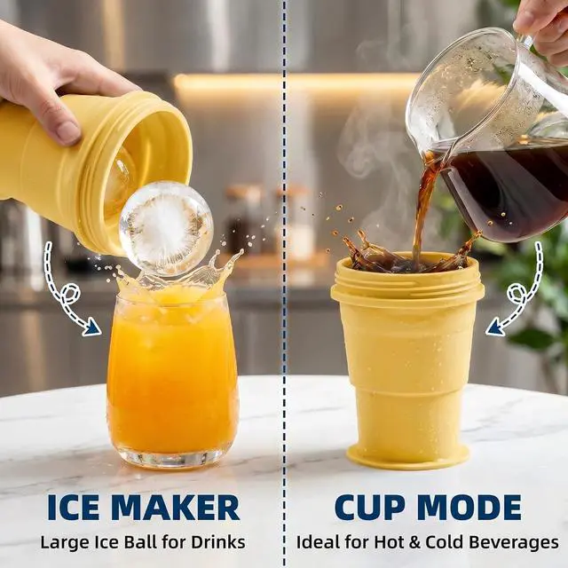 Alt view image 4 of 7 - 2-in-1 Collapsible Silicone Ice Ball Maker Cup, Reusable Portable Large Ice Sphere Mold with Straw & Lid, Easy to Demo, Leakproof Travel Ice Cube Cup for Bourbon,Cocktails,Juice,Tea & Coffee (Yellow)