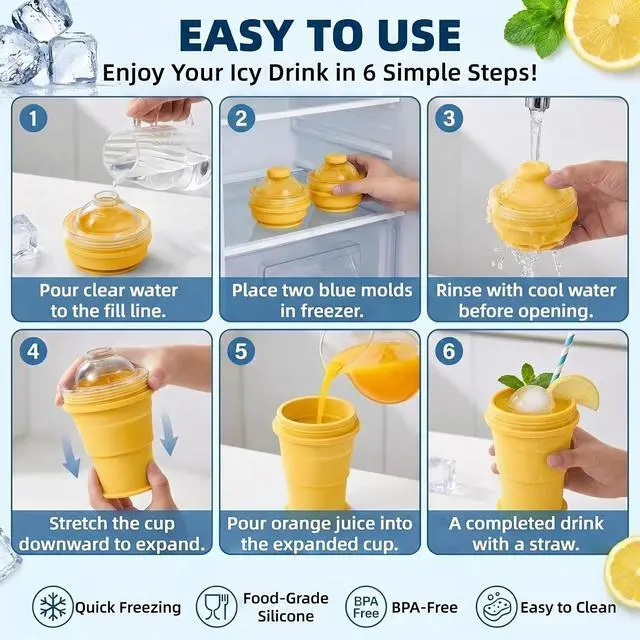 Alt view image 6 of 7 - 2-in-1 Collapsible Silicone Ice Ball Maker Cup, Reusable Portable Large Ice Sphere Mold with Straw & Lid, Easy to Demo, Leakproof Travel Ice Cube Cup for Bourbon,Cocktails,Juice,Tea & Coffee (Yellow)
