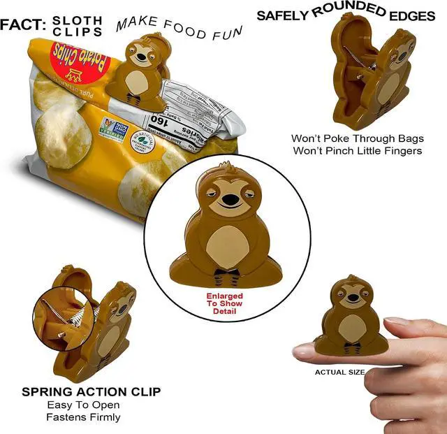 Alt view image 4 of 7 - Sloth Bag Clips, 6 Woodland Sloth Chip Clip Set, Tight Food Saver, Snack Bag Sealer, Chip Clips Bag Clips Food Clips, Air Tight, Cute Sloth Party Supplies, Fun Sloth Stuff, Bag Clips for Food Storage