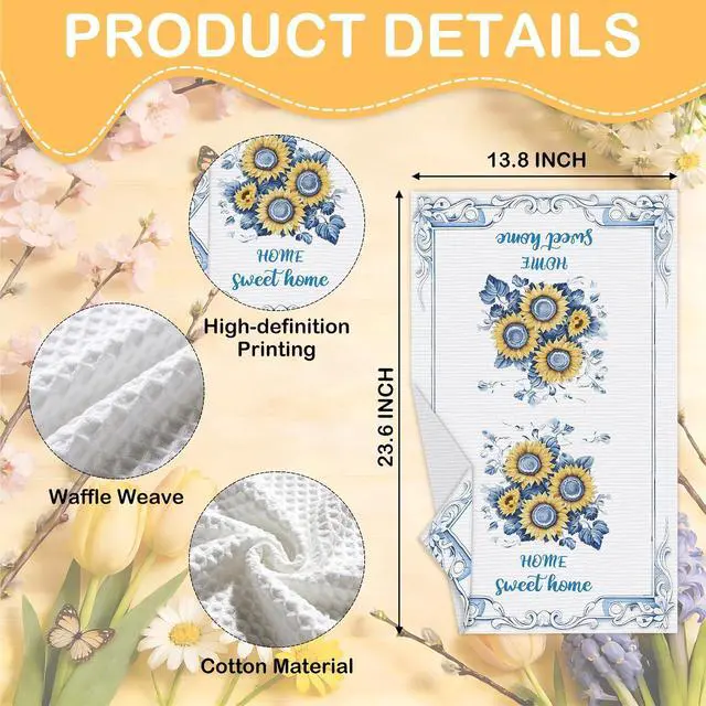 Alt view image 2 of 6 - Sunflower Kitchen Towels, Home Sweet Home Sunflower Gifts For Women, 11 | Decorative Retro Floral Tea Hand Towel For Bathroom, Pretty Flower Housewarming Gifts For Holiday Thanksgiving Christmas