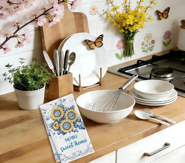 Alt view image 3 of 6 - Sunflower Kitchen Towels, Home Sweet Home Sunflower Gifts For Women, 11 | Decorative Retro Floral Tea Hand Towel For Bathroom, Pretty Flower Housewarming Gifts For Holiday Thanksgiving Christmas