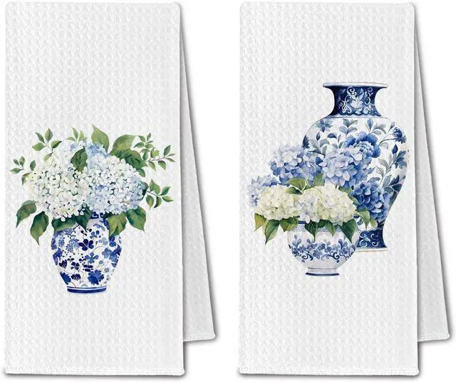 Main image of Blue & White Kitchen Towels, Chinoiserie Hydrangea Tea Dish Towel Decorative, Chinoiserie Grand Millenial Decor, Blue and White Floral Hand Towels for Bathroom Set of 2, 16x24 Inch