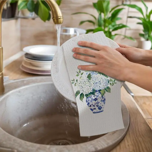Alt view image 2 of 6 - Blue & White Kitchen Towels, Chinoiserie Hydrangea Tea Dish Towel Decorative, Chinoiserie Grand Millenial Decor, Blue and White Floral Hand Towels for Bathroom Set of 2, 16x24 Inch