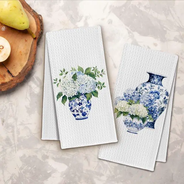Alt view image 3 of 6 - Blue & White Kitchen Towels, Chinoiserie Hydrangea Tea Dish Towel Decorative, Chinoiserie Grand Millenial Decor, Blue and White Floral Hand Towels for Bathroom Set of 2, 16x24 Inch