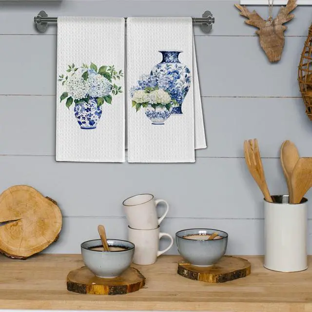 Alt view image 4 of 6 - Blue & White Kitchen Towels, Chinoiserie Hydrangea Tea Dish Towel Decorative, Chinoiserie Grand Millenial Decor, Blue and White Floral Hand Towels for Bathroom Set of 2, 16x24 Inch