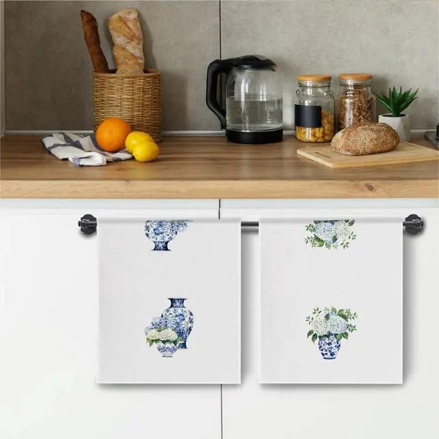 Alt view image 5 of 6 - Blue & White Kitchen Towels, Chinoiserie Hydrangea Tea Dish Towel Decorative, Chinoiserie Grand Millenial Decor, Blue and White Floral Hand Towels for Bathroom Set of 2, 16x24 Inch