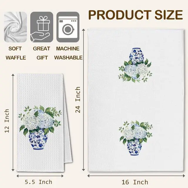 Alt view image 6 of 6 - Blue & White Kitchen Towels, Chinoiserie Hydrangea Tea Dish Towel Decorative, Chinoiserie Grand Millenial Decor, Blue and White Floral Hand Towels for Bathroom Set of 2, 16x24 Inch
