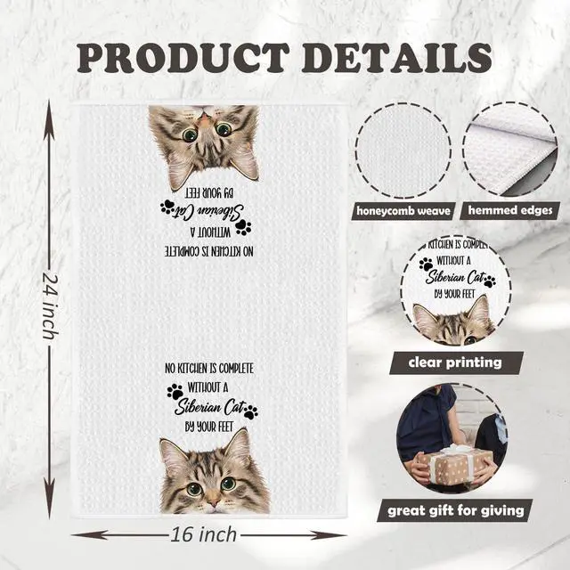 Alt view image 2 of 7 - Chicimln Funny Siberian Cat Kitchen Towels, Siberian Cat Gifts Decorative Hand Towels, Gifts for Cats Lovers Dish Tea Towel Drying Cloth for Kitchen Decor, 16x24 Inch