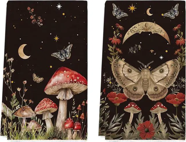 Main image of Artoid Mode Black Mushroom Moth Moon Kitchen Towels Dish Towels, 18x26 Inch Spring Flower Seasonal Decoration Hand Towels Set of 2