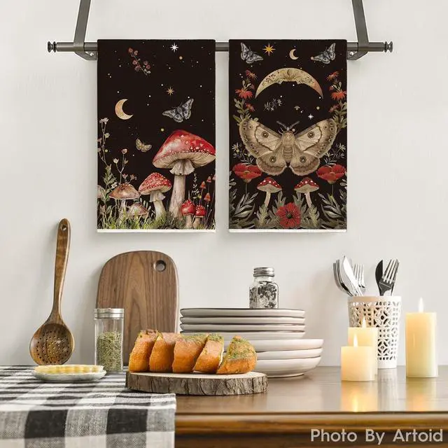 Alt view image 2 of 7 - Artoid Mode Black Mushroom Moth Moon Kitchen Towels Dish Towels, 18x26 Inch Spring Flower Seasonal Decoration Hand Towels Set of 2
