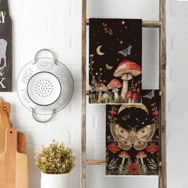 Alt view image 3 of 7 - Artoid Mode Black Mushroom Moth Moon Kitchen Towels Dish Towels, 18x26 Inch Spring Flower Seasonal Decoration Hand Towels Set of 2
