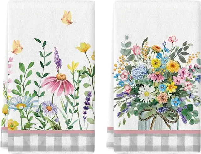 Main image of Artoid Mode Buffalo Plaid Wildflower Floral Spring Kitchen Towels Dish Towels, 18x26 Inch Farmhouse Summer Decoration Hand Towels Set of 2