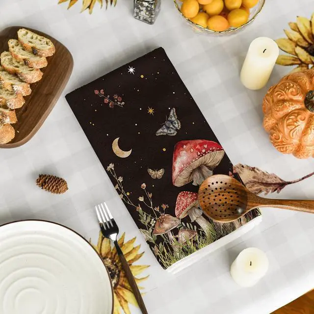 Alt view image 4 of 7 - Artoid Mode Black Mushroom Moth Moon Kitchen Towels Dish Towels, 18x26 Inch Spring Flower Seasonal Decoration Hand Towels Set of 2