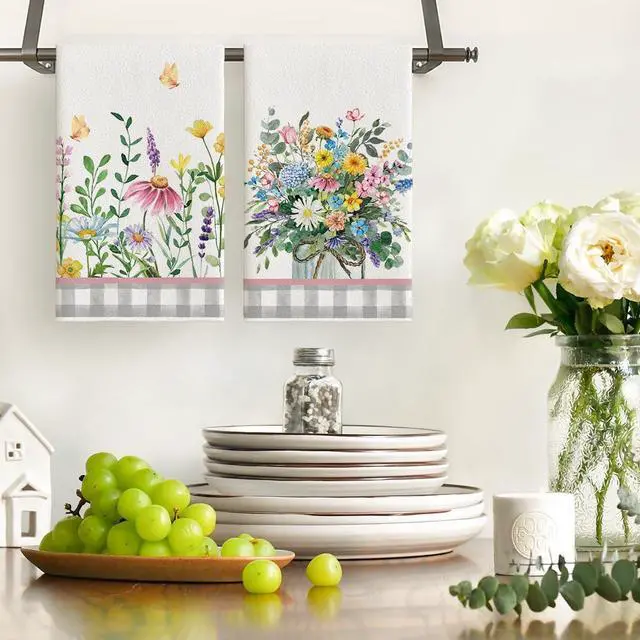 Alt view image 2 of 6 - Artoid Mode Buffalo Plaid Wildflower Floral Spring Kitchen Towels Dish Towels, 18x26 Inch Farmhouse Summer Decoration Hand Towels Set of 2
