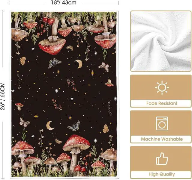 Alt view image 6 of 7 - Artoid Mode Black Mushroom Moth Moon Kitchen Towels Dish Towels, 18x26 Inch Spring Flower Seasonal Decoration Hand Towels Set of 2