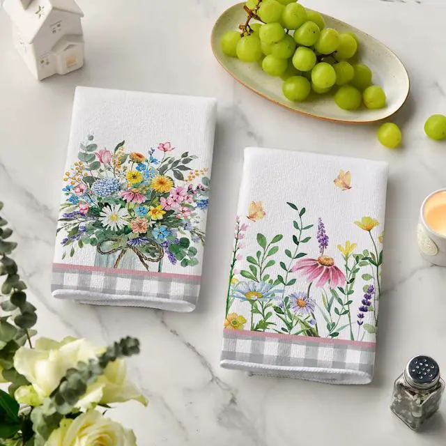 Alt view image 3 of 6 - Artoid Mode Buffalo Plaid Wildflower Floral Spring Kitchen Towels Dish Towels, 18x26 Inch Farmhouse Summer Decoration Hand Towels Set of 2