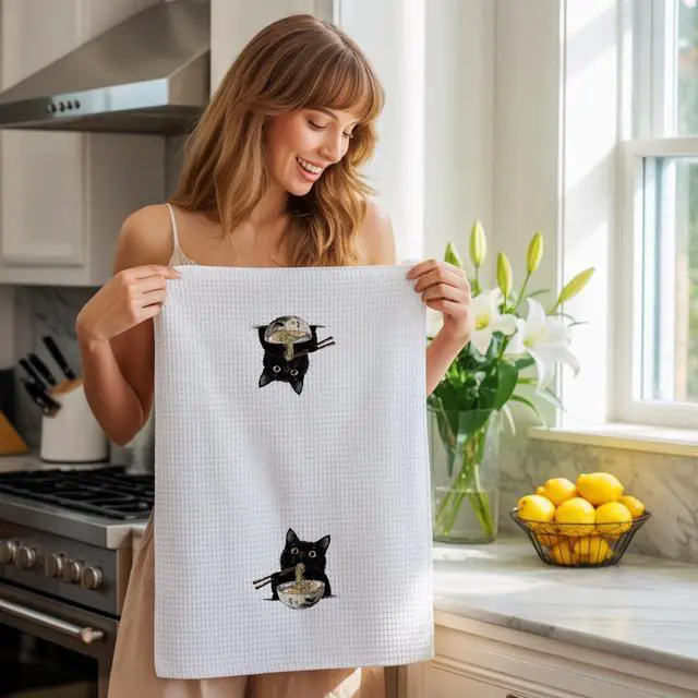 Alt view image 2 of 7 - Japanese Gifts Kitchen Towels for Cat Lover, Ramen Cat Gifts Decorative Towels for Bar Kitchen Bathroom
