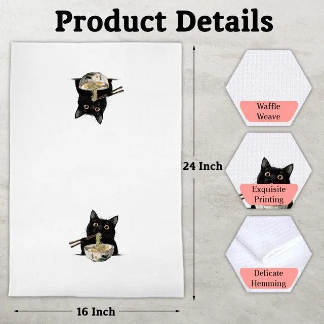 Alt view image 4 of 7 - Japanese Gifts Kitchen Towels for Cat Lover, Ramen Cat Gifts Decorative Towels for Bar Kitchen Bathroom