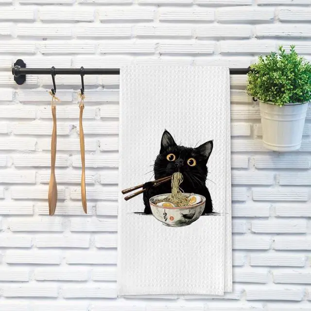 Alt view image 6 of 7 - Japanese Gifts Kitchen Towels for Cat Lover, Ramen Cat Gifts Decorative Towels for Bar Kitchen Bathroom