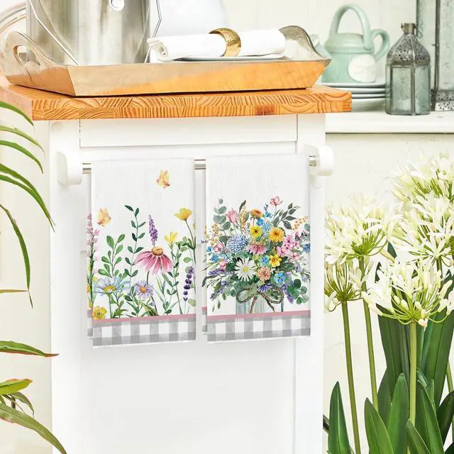 Alt view image 4 of 6 - Artoid Mode Buffalo Plaid Wildflower Floral Spring Kitchen Towels Dish Towels, 18x26 Inch Farmhouse Summer Decoration Hand Towels Set of 2