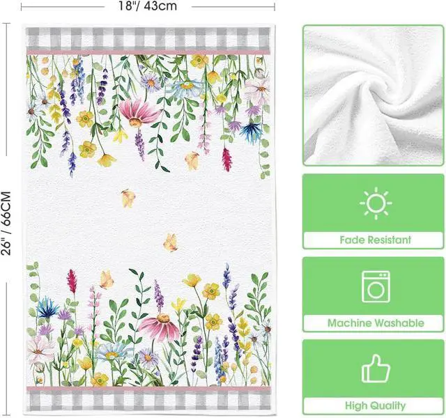 Alt view image 6 of 6 - Artoid Mode Buffalo Plaid Wildflower Floral Spring Kitchen Towels Dish Towels, 18x26 Inch Farmhouse Summer Decoration Hand Towels Set of 2