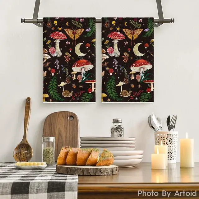 Alt view image 2 of 6 - Artoid Mode Black Modern Mushroom Kitchen Towels Dish Towels, 18x26 Inch Cute Botanic Farmhouse Decoration Hand Towels Set of 2