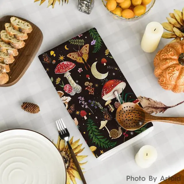 Alt view image 4 of 6 - Artoid Mode Black Modern Mushroom Kitchen Towels Dish Towels, 18x26 Inch Cute Botanic Farmhouse Decoration Hand Towels Set of 2