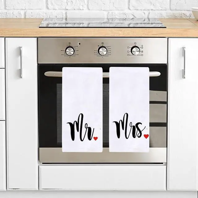 Alt view image 4 of 7 - Mr and Mrs Kitchen Dish Towel 18 x 28 Inch, Couple Newlyweds Tea Towels Dish Cloth for Cooking Baking Wedding or Engagement Gift Set of 2