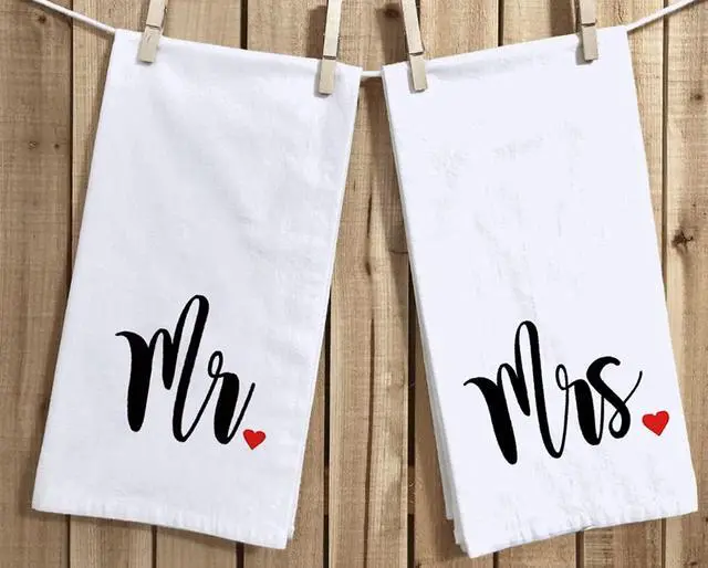 Alt view image 3 of 7 - Mr and Mrs Kitchen Dish Towel 18 x 28 Inch, Couple Newlyweds Tea Towels Dish Cloth for Cooking Baking Wedding or Engagement Gift Set of 2