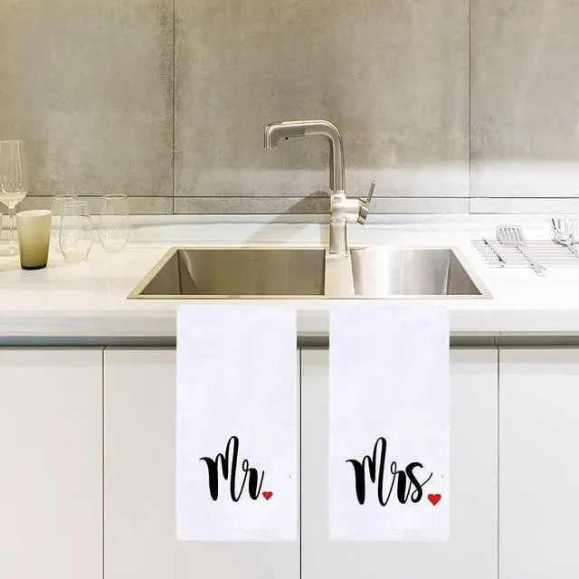 Alt view image 6 of 7 - Mr and Mrs Kitchen Dish Towel 18 x 28 Inch, Couple Newlyweds Tea Towels Dish Cloth for Cooking Baking Wedding or Engagement Gift Set of 2