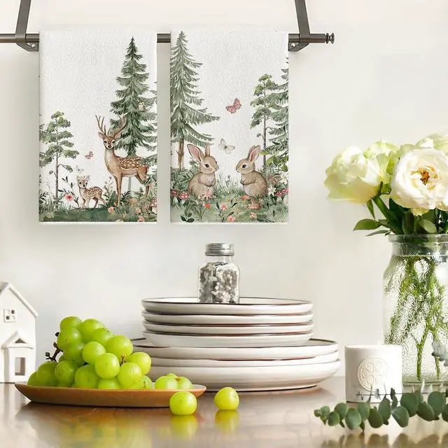 Alt view image 2 of 6 - Artoid Mode Elk Bunny Tree Flowers Spring Kitchen Towels Dish Towels, 18x26 Inch Farmhouse Butterfly Decoration Hand Towels Set of 2
