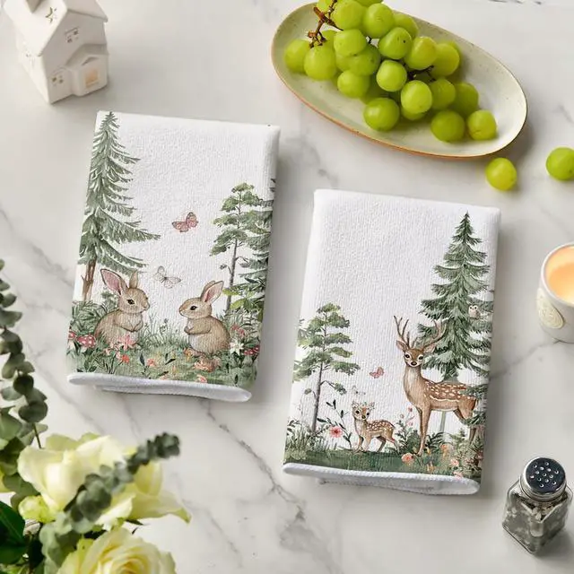 Alt view image 3 of 6 - Artoid Mode Elk Bunny Tree Flowers Spring Kitchen Towels Dish Towels, 18x26 Inch Farmhouse Butterfly Decoration Hand Towels Set of 2