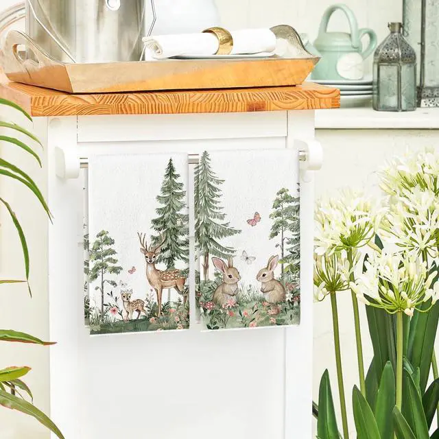 Alt view image 4 of 6 - Artoid Mode Elk Bunny Tree Flowers Spring Kitchen Towels Dish Towels, 18x26 Inch Farmhouse Butterfly Decoration Hand Towels Set of 2