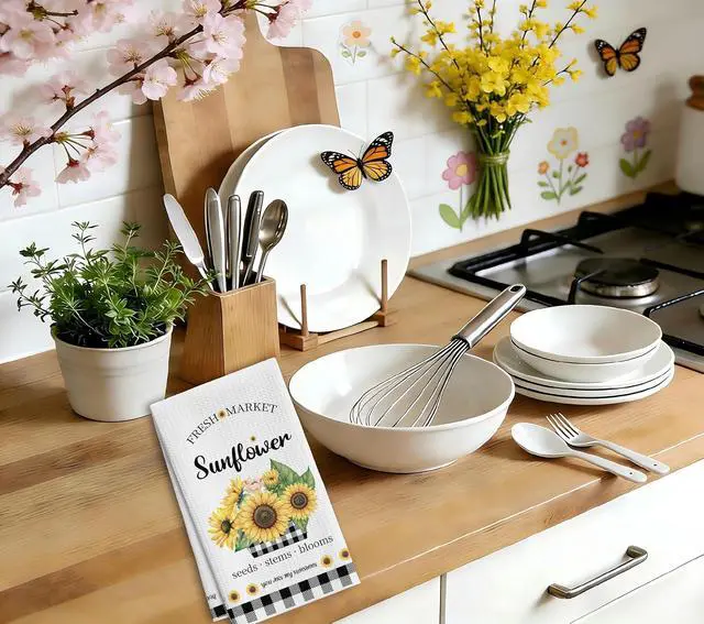 Alt view image 3 of 6 - Sunflower Kitchen Towels, Black White Buffalo Plaid Gifts For Women, 09 | Decorative Retro Floral Tea Hand Towel For Bathroom, Pretty Flower Housewarming Gifts For Holiday Thanksgiving Christmas