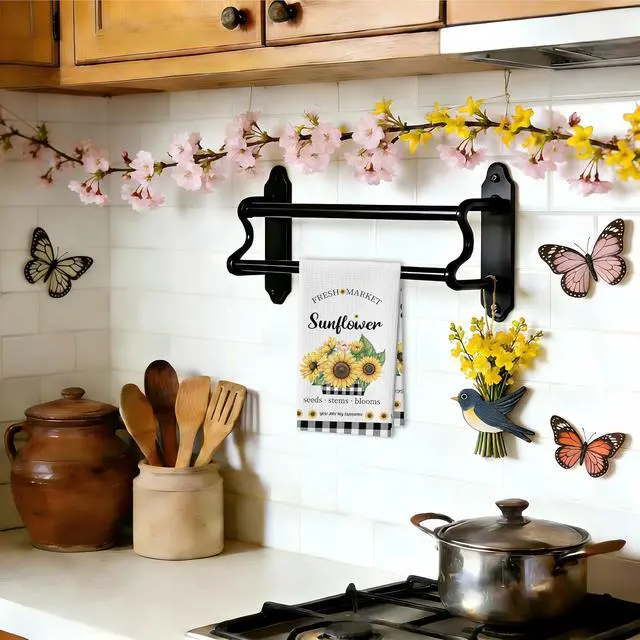 Alt view image 4 of 6 - Sunflower Kitchen Towels, Black White Buffalo Plaid Gifts For Women, 09 | Decorative Retro Floral Tea Hand Towel For Bathroom, Pretty Flower Housewarming Gifts For Holiday Thanksgiving Christmas