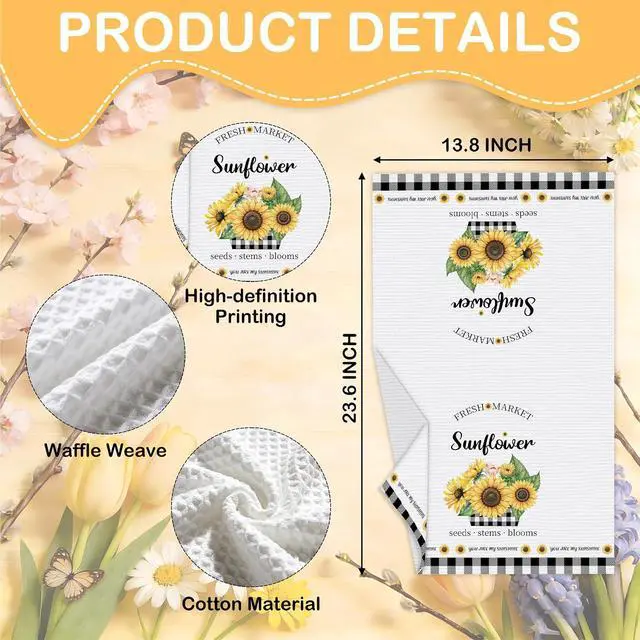Alt view image 2 of 6 - Sunflower Kitchen Towels, Black White Buffalo Plaid Gifts For Women, 09 | Decorative Retro Floral Tea Hand Towel For Bathroom, Pretty Flower Housewarming Gifts For Holiday Thanksgiving Christmas