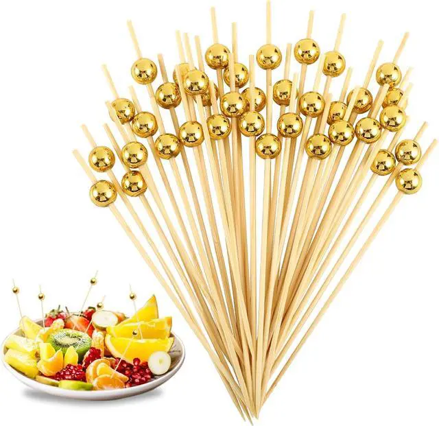Main image of 200 Pcs Cocktail Picks, 4.7 Inch Bamboo Appetizer Skewers, Gold Pearl | Natural Bamboo, Smooth Burr-Free Finish, Pointed Tips, Sturdy 4.7 In Picks For Appetizers, Drinks, Weddings, Parties