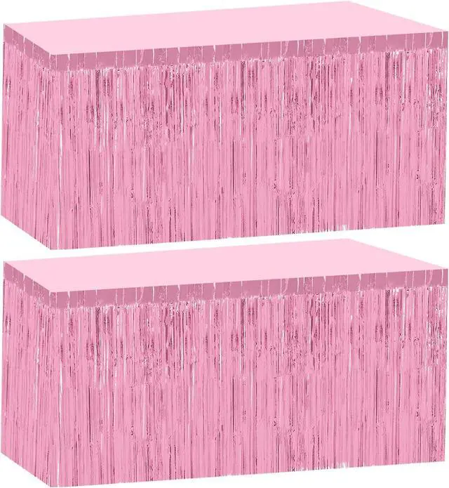 Main image of 2 Pack 29.5x108 Inch Pink Foil Tinsel Fringe Table Skirts, Disposable Table Skirts for Rectangle Tables Curtains Backdrop Parade Wedding Floats Baby Shower Birthday Mardi Gras Party