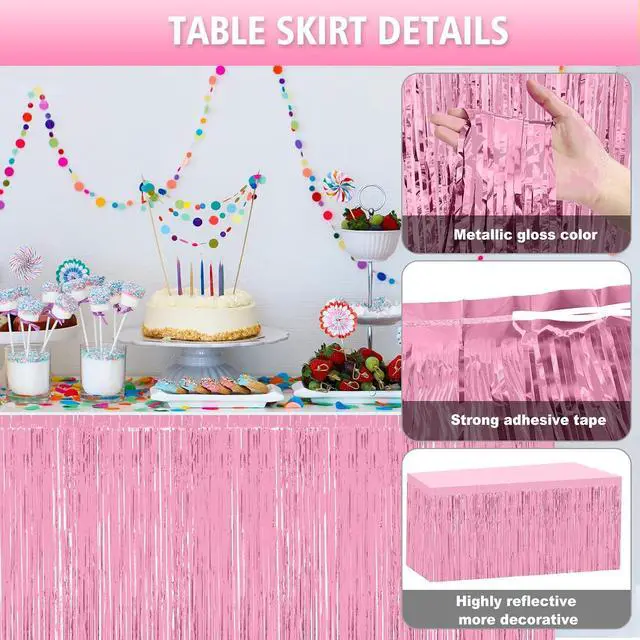 Alt view image 3 of 7 - 2 Pack 29.5x108 Inch Pink Foil Tinsel Fringe Table Skirts, Disposable Table Skirts for Rectangle Tables Curtains Backdrop Parade Wedding Floats Baby Shower Birthday Mardi Gras Party