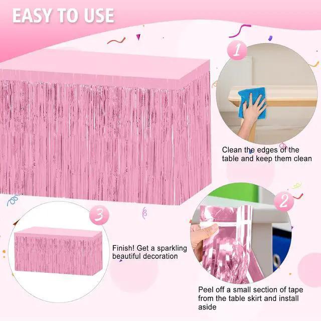 Alt view image 4 of 7 - 2 Pack 29.5x108 Inch Pink Foil Tinsel Fringe Table Skirts, Disposable Table Skirts for Rectangle Tables Curtains Backdrop Parade Wedding Floats Baby Shower Birthday Mardi Gras Party