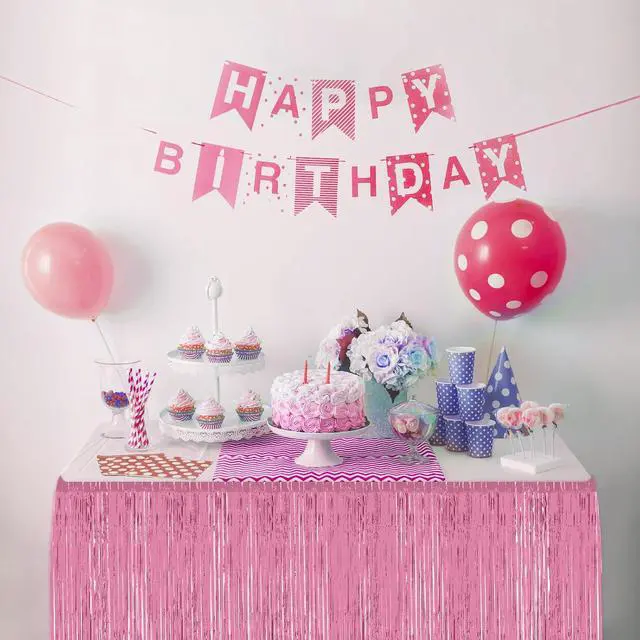 Alt view image 5 of 7 - 2 Pack 29.5x108 Inch Pink Foil Tinsel Fringe Table Skirts, Disposable Table Skirts for Rectangle Tables Curtains Backdrop Parade Wedding Floats Baby Shower Birthday Mardi Gras Party