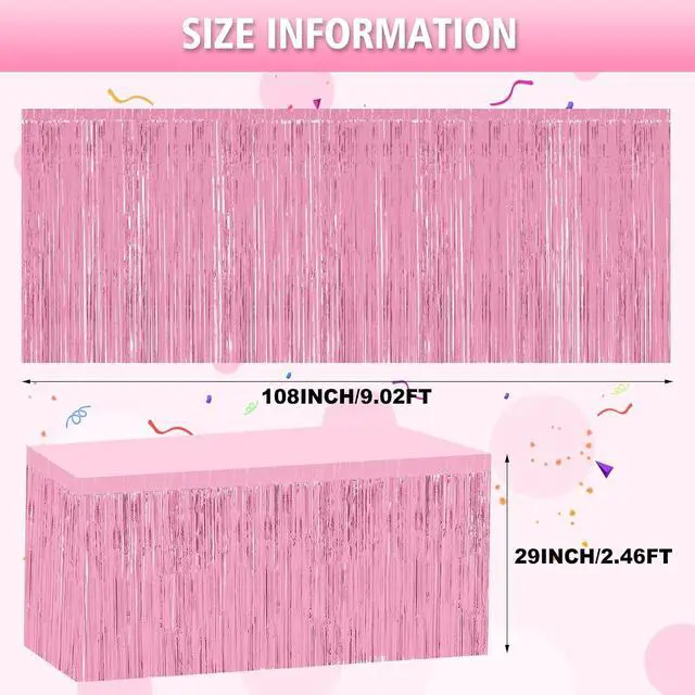 Alt view image 2 of 7 - 2 Pack 29.5x108 Inch Pink Foil Tinsel Fringe Table Skirts, Disposable Table Skirts for Rectangle Tables Curtains Backdrop Parade Wedding Floats Baby Shower Birthday Mardi Gras Party