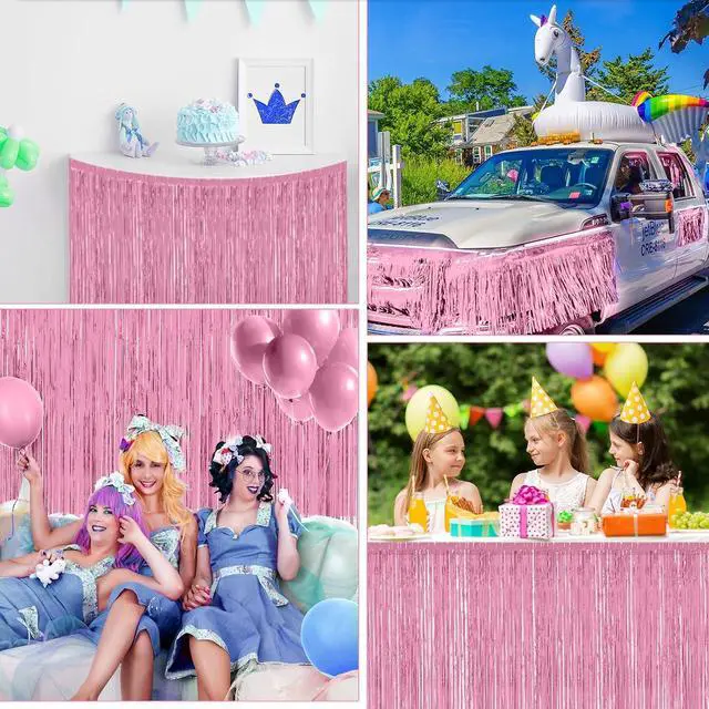Alt view image 7 of 7 - 2 Pack 29.5x108 Inch Pink Foil Tinsel Fringe Table Skirts, Disposable Table Skirts for Rectangle Tables Curtains Backdrop Parade Wedding Floats Baby Shower Birthday Mardi Gras Party