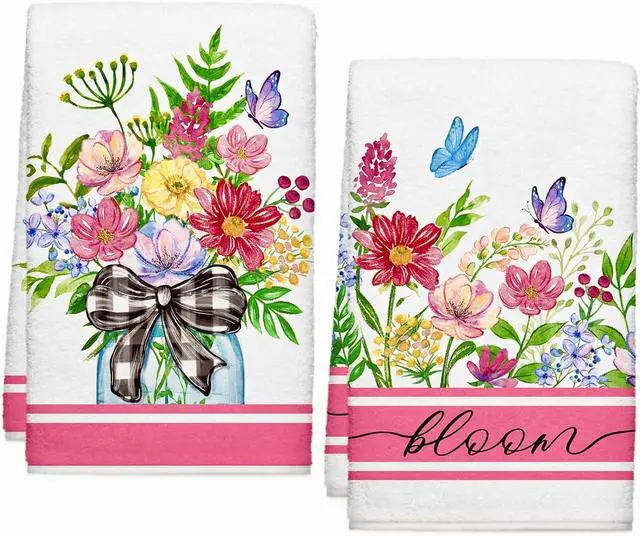 Main image of Summer Wildflower Kitchen Towels, Butterfly Dish Towels Set of 2, Spring Watercolor Pink Floral Farmhouse 18 x 26 Inch Hand Towel Quick Drying Dishcloth Decor for Kitchen Bathroom Home