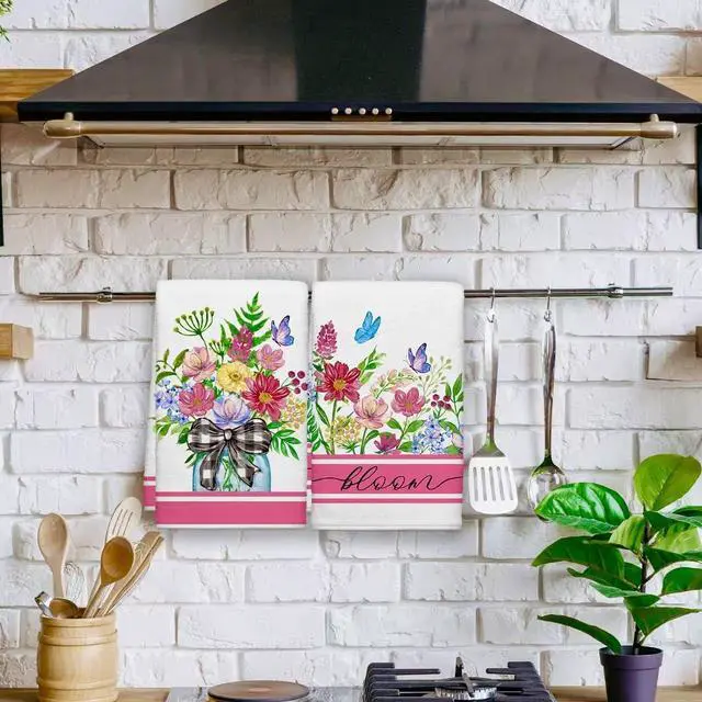 Alt view image 2 of 7 - Summer Wildflower Kitchen Towels, Butterfly Dish Towels Set of 2, Spring Watercolor Pink Floral Farmhouse 18 x 26 Inch Hand Towel Quick Drying Dishcloth Decor for Kitchen Bathroom Home