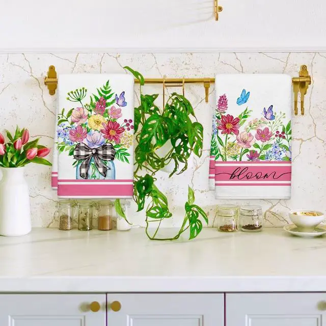 Alt view image 3 of 7 - Summer Wildflower Kitchen Towels, Butterfly Dish Towels Set of 2, Spring Watercolor Pink Floral Farmhouse 18 x 26 Inch Hand Towel Quick Drying Dishcloth Decor for Kitchen Bathroom Home