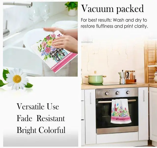Alt view image 4 of 7 - Summer Wildflower Kitchen Towels, Butterfly Dish Towels Set of 2, Spring Watercolor Pink Floral Farmhouse 18 x 26 Inch Hand Towel Quick Drying Dishcloth Decor for Kitchen Bathroom Home