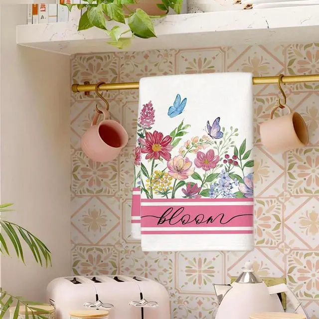 Alt view image 6 of 7 - Summer Wildflower Kitchen Towels, Butterfly Dish Towels Set of 2, Spring Watercolor Pink Floral Farmhouse 18 x 26 Inch Hand Towel Quick Drying Dishcloth Decor for Kitchen Bathroom Home
